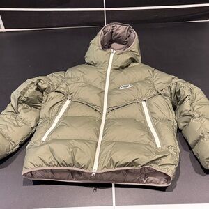 Nike Olive Hooded Quilted Puffer Jacket with White Zippers